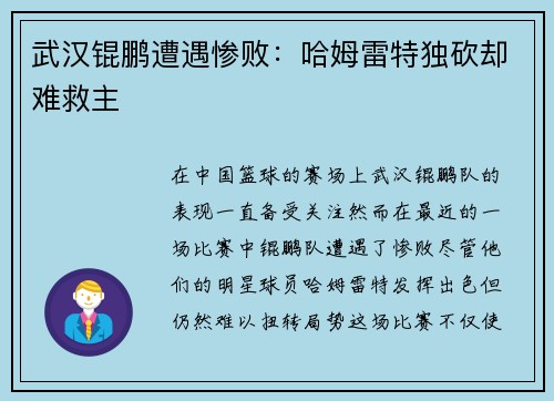 武汉锟鹏遭遇惨败：哈姆雷特独砍却难救主