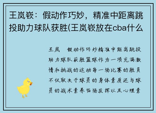 王岚嵚：假动作巧妙，精准中距离跳投助力球队获胜(王岚嵚放在cba什么水平)