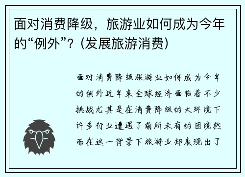 面对消费降级，旅游业如何成为今年的“例外”？(发展旅游消费)