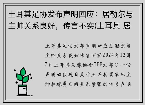 土耳其足协发布声明回应：居勒尔与主帅关系良好，传言不实(土耳其 居伦)