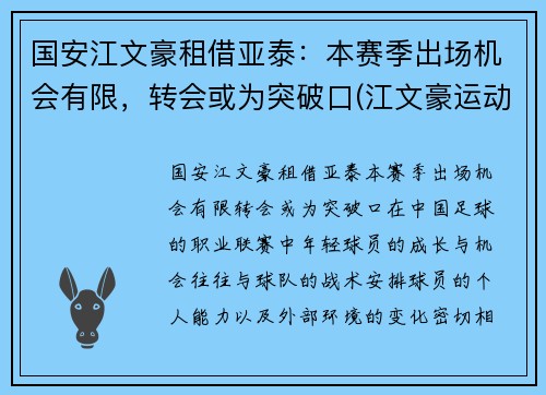 国安江文豪租借亚泰：本赛季出场机会有限，转会或为突破口(江文豪运动员)